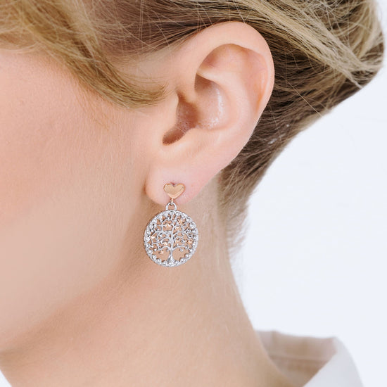 BOUCLES D'OREILLES POUR FEMME EN ACIER ARBRE DE VIE AVEC CRYSTAUX BLANCS ET COEUR IP RO Luca Barra