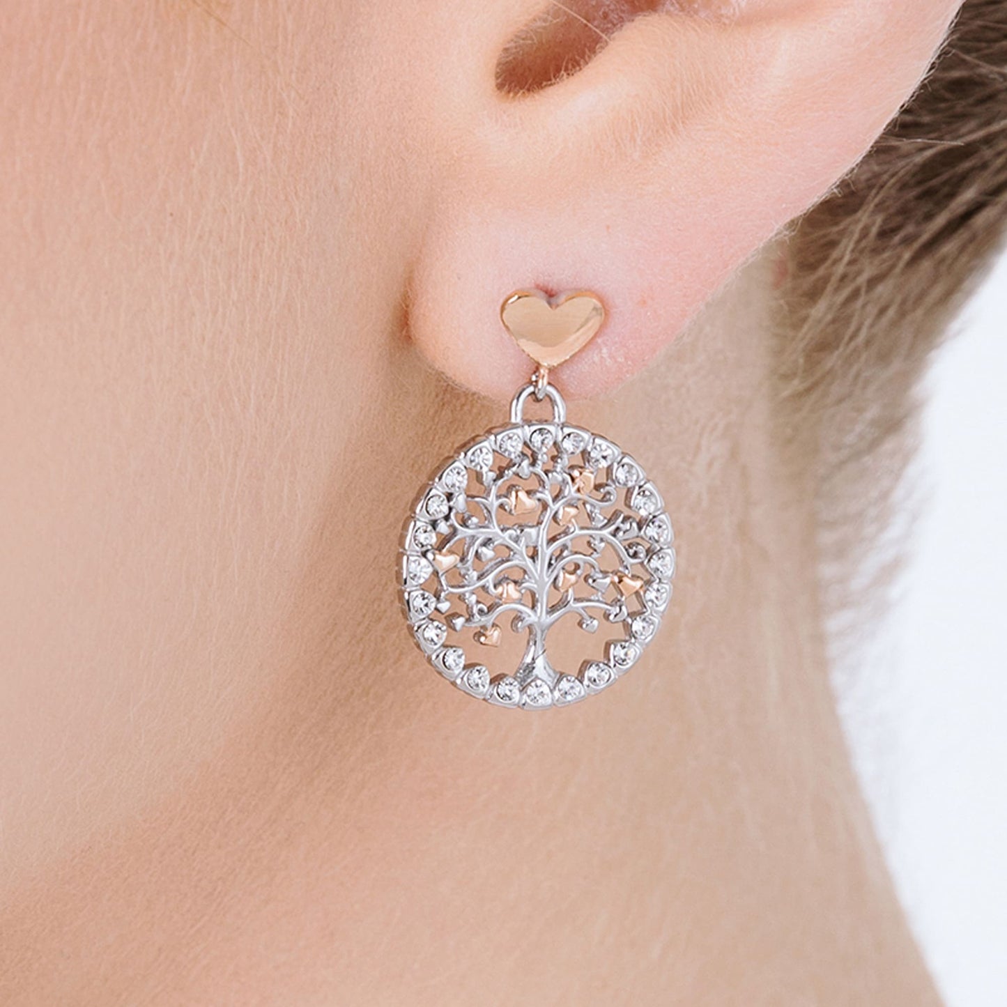 BOUCLES D'OREILLES ARBRE DE VIE POUR FEMME EN ACIER AVEC CRISTAUX BLANCS ET CŒURS IP RO