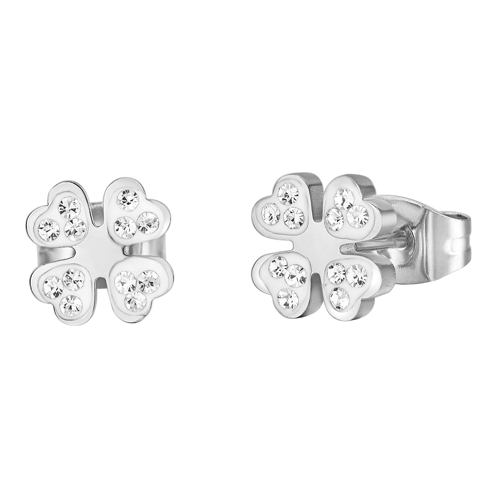 BOUCLES D'OREILLES EN ACIER POUR FEMMES AVEC TRÈFLE À QUATRE FEUILLES ET CRISTAUX