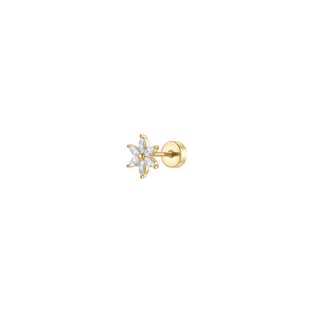 PIERCING ORECCHIO DONNA IN ACCIAIO  COLORE ORO FIORE PETALI ZIRCONI BIANCHI