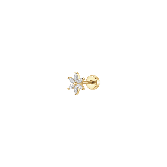 PIERCING ORECCHIO DONNA IN ACCIAIO  COLORE ORO FIORE PETALI ZIRCONI BIANCHI