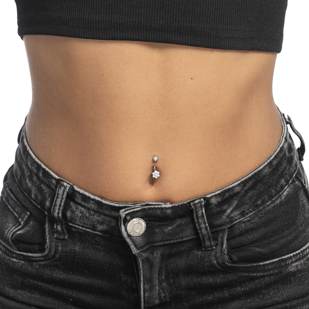 PIERCING OMBELICO DONNA IN ACCIAIO CON ZIRCONI BIANCHI TAGLIO STELLA